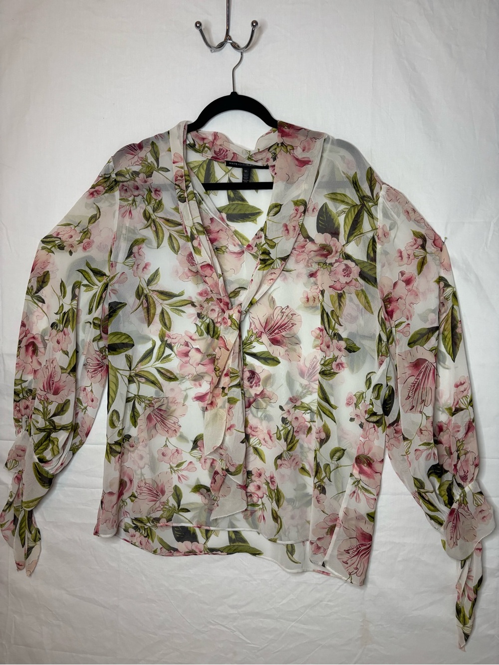 White House Black Market Pink & Green Floral Tie-Neck Chiffon Blouse